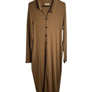 Madewell Button-Front Midi Shirtdress Kraft Brown Tan Neutral Ribbed XL 4752